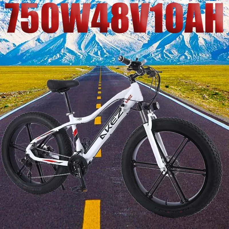 AKEZ Snow Electric Bicycle 26-inch Beach Fat Tire Electric Bicycle 750W 48V10AH Brushless Motor 27-Speed Off-Road Electric bike