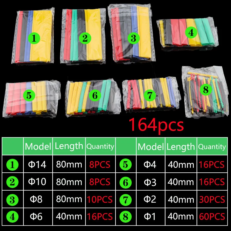 164PCS Heat Shrink Tubing 2:1Wire Cable Wrap Assortment Electric Insulation Tube Kit 5 Color 8 Size