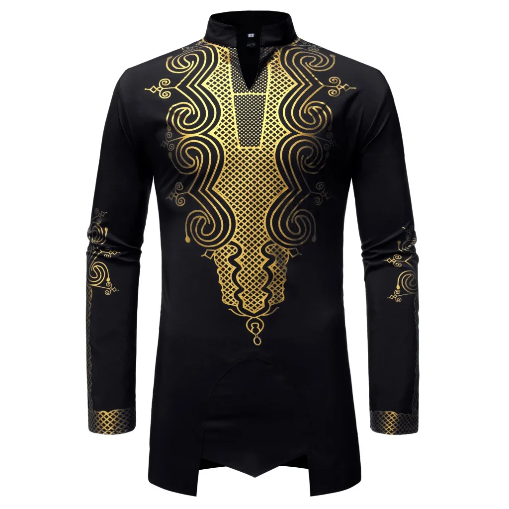 Herren Gold Print Muster Shirt, Ramadan, Naher Osten, Dubai, muslimische Mode, Tu Häuptling, mittlere Länge, muslimischer Stil