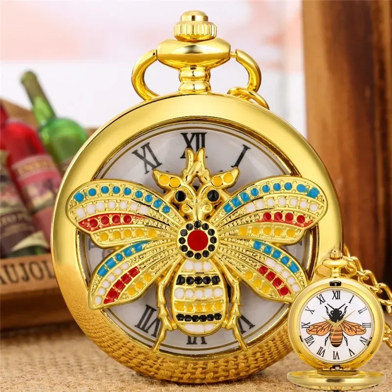 

Luxury Yellow Gold Pocket Watch Hollow Out Bee Cover Men Women Quartz Analog Clock Roman Number Dial Fob Sweater Chain Timepiece