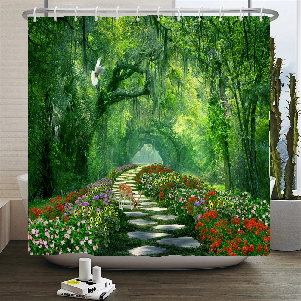 Forest Nature Landscape Waterfall Bathroom Shower Curtain High Quality Waterproof Shower Curtain Tree View Shower Curtain