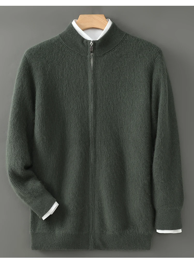 

100% Pure Mink Shirt Men's Crew Neck Cardigan Thickened Zipper Jacket Business Casual Knitwear Sweater