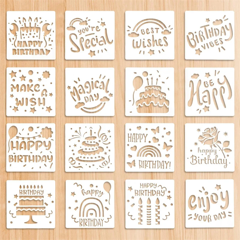 Lot de 16 pochoirs Joyeux Anniversaire réutilisables de 5,9 x 5,9 pouces pour gâteaux, fêtes, bricolage, cartes et modèles de peinture