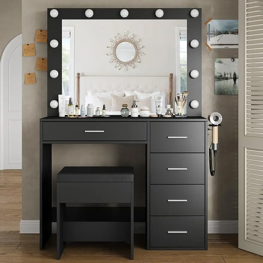 

Desk & Power Outl,Makeup Vanity with Mirror and LED Lights,5 Drawers,Chair,Set 3 Lighting Modes Brightness Adjustable,Black