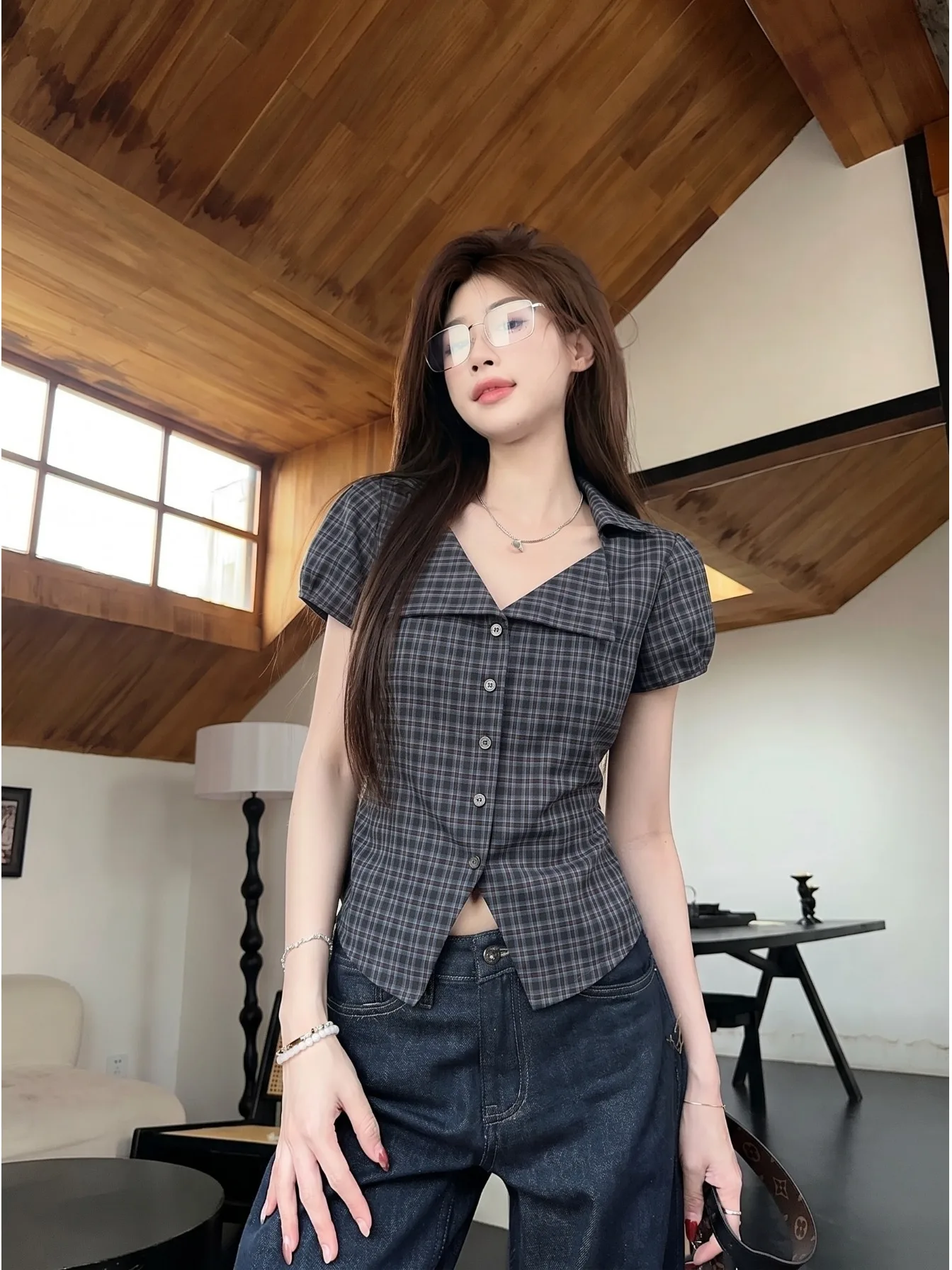 

plus Size Women's Retro Plaid Shirt Slimming Waist Short Sleeve V-Neck Top Korean Style Commute Fashion Summer New Arrival