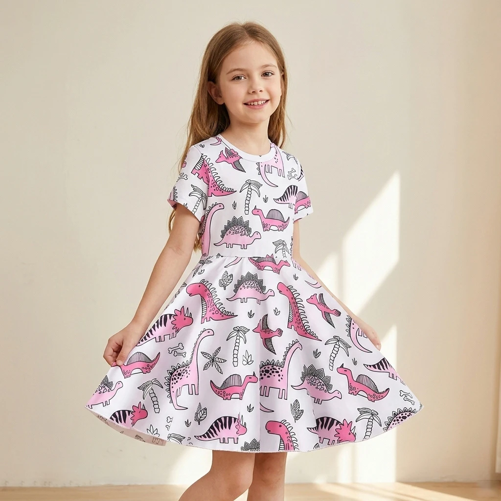 Summer 7-14 Years Girls Cartoon Dinosaur Print Round Neck Short Sleeve Flared Dress for Daily Casual School Days Kids Stylish