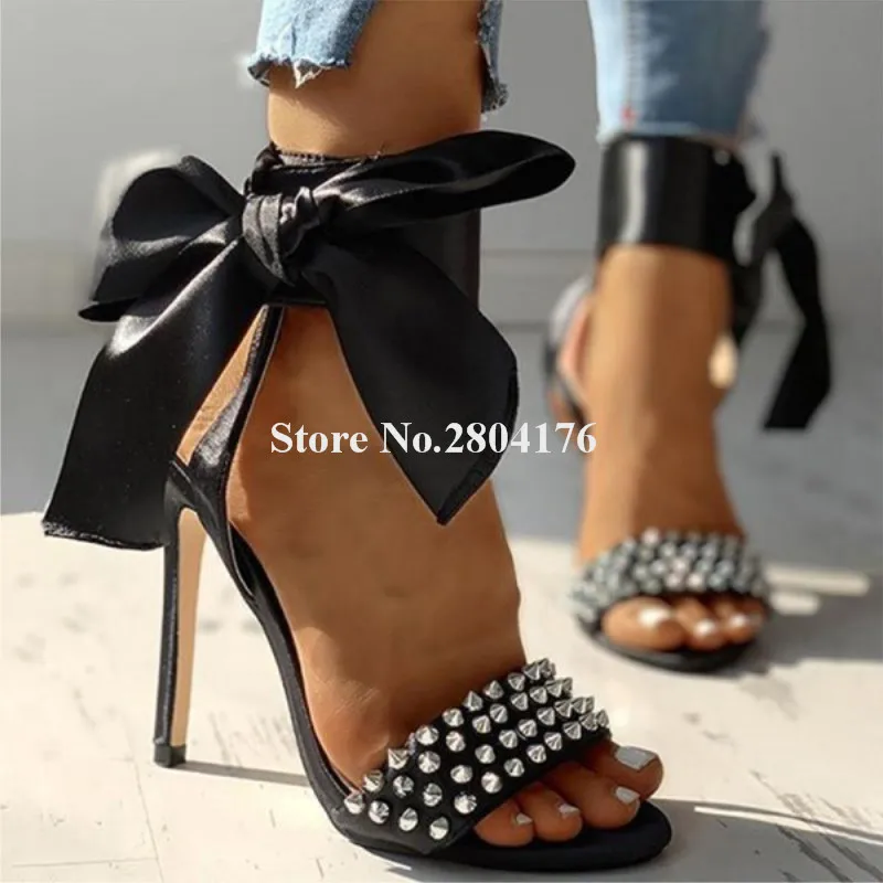 Preto bowtie salto stiletto rebites sandálias wetern moda dedo do pé aberto borboleta studs salto fino sandálias gladiador vestido de salto alto