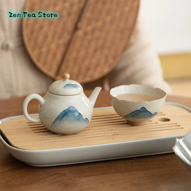 Ice Table Hand-painted Landscape Small Pear Pot Ceramic Teapot Filter Ball Hole Under Glaze Color Kung Fu Tea Set Teapot