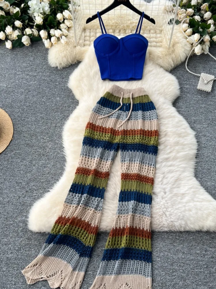 Women Sexy Sleeveless Short Strap Tops Vintage Colorful Striped Hollow Out Knitted Long Flare Pants Boho Beach Two Piece Suits