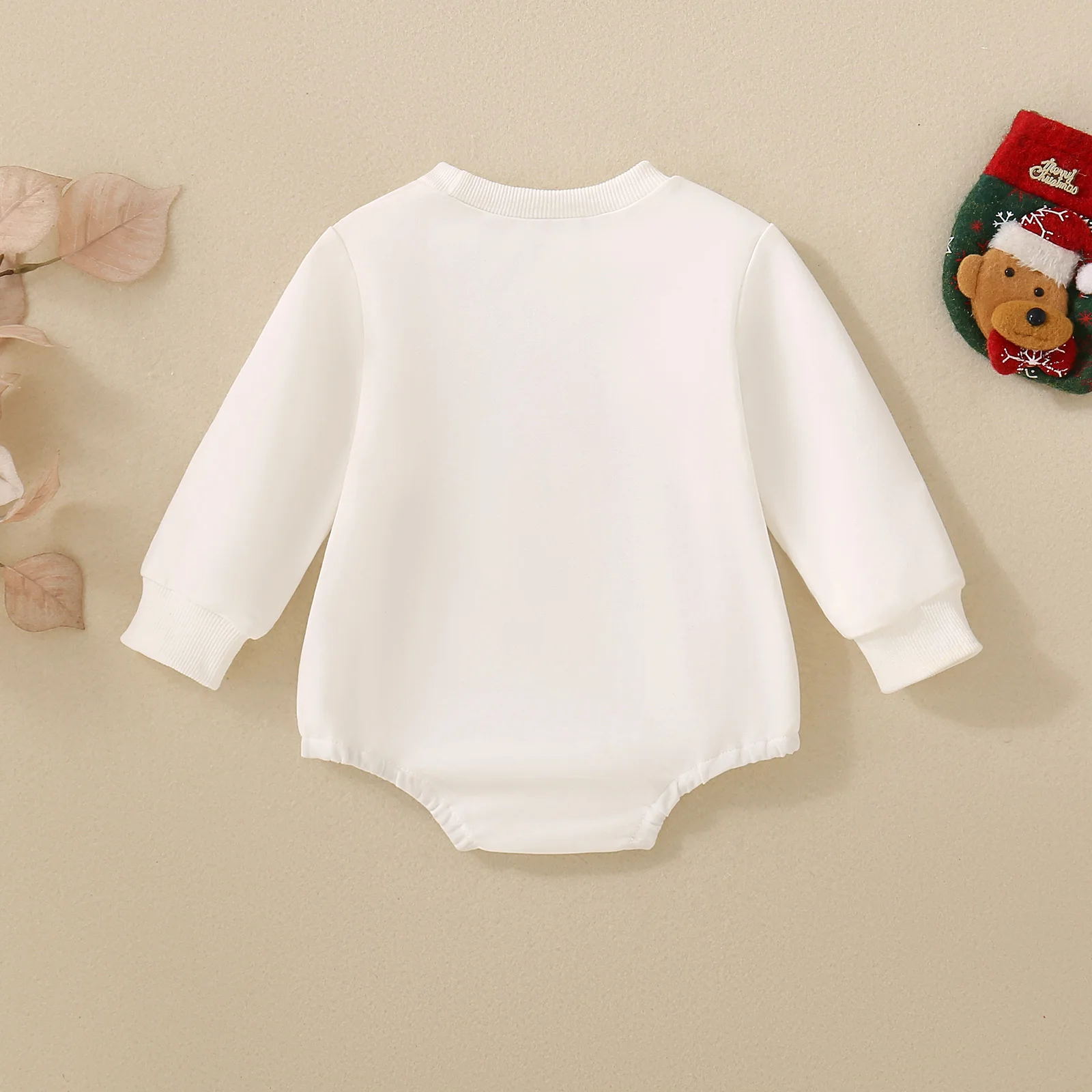 Unisex white long-sleeved Christmas tree embroidered baby romper for spring and autumn