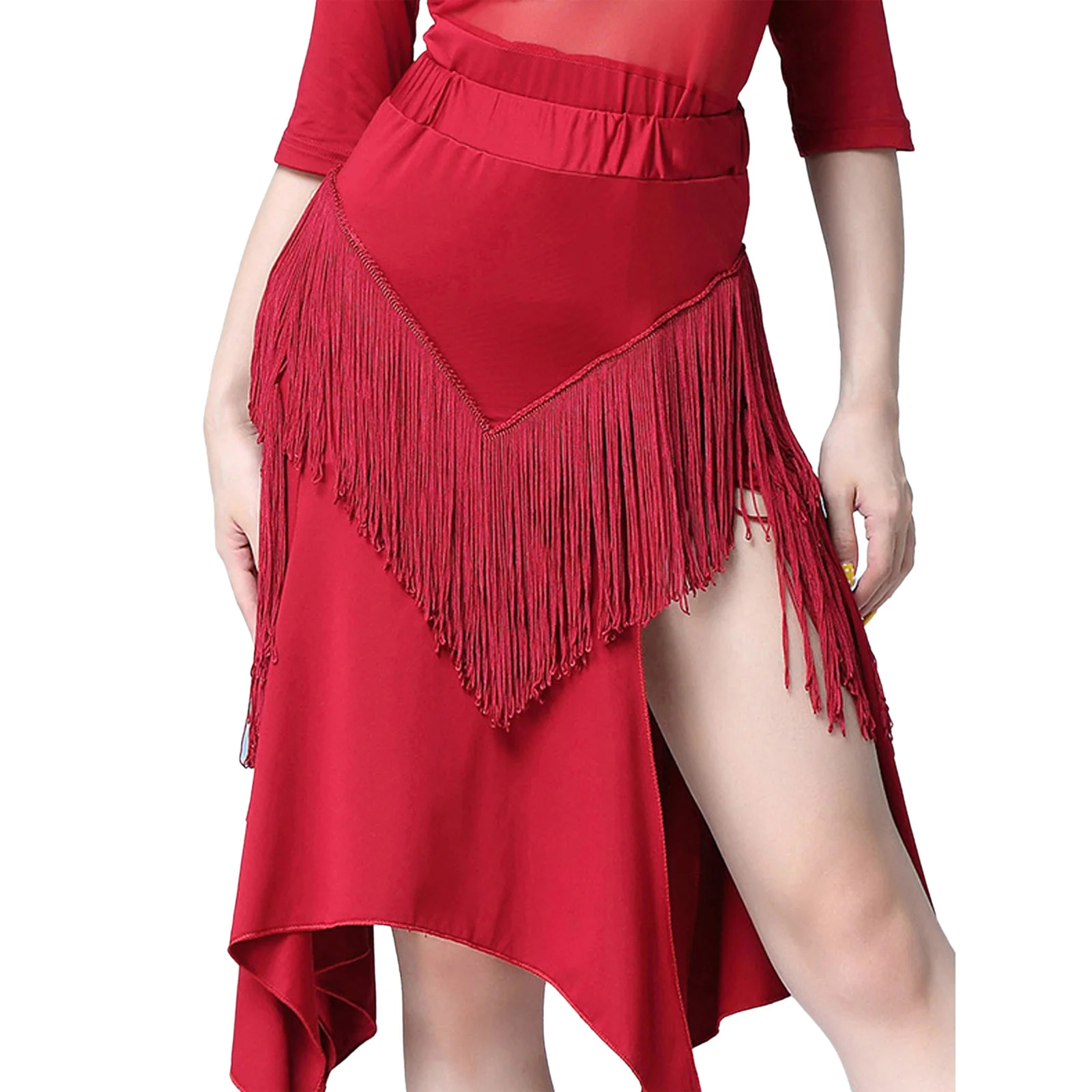 

Women Latin Cha-cha Fringed Skirt Tiered Tassel Irregular Slit Hem Elastic Waistband Skirt Dancewear for Tango Rumba Salsa Samba