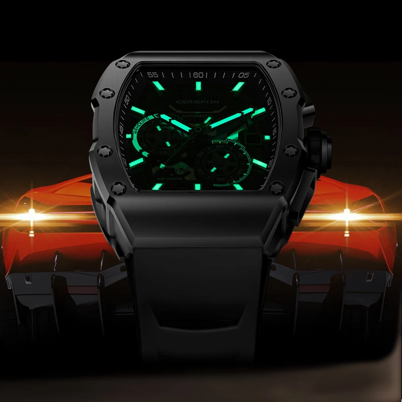 CERIEPON Wine Barrel Shape Men's Fully Automatic Watch 5ATM Waterproof Luminous Rubber Strap Silver Track Series Perfect Gift - view 2