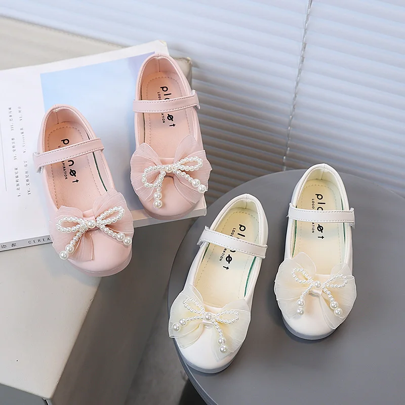 Girls Flat Shoes Versatile Kids Princess Shoes with Sweet Beading Lace Bows 2025 Autumn New Children Leather Shoes Korean Style