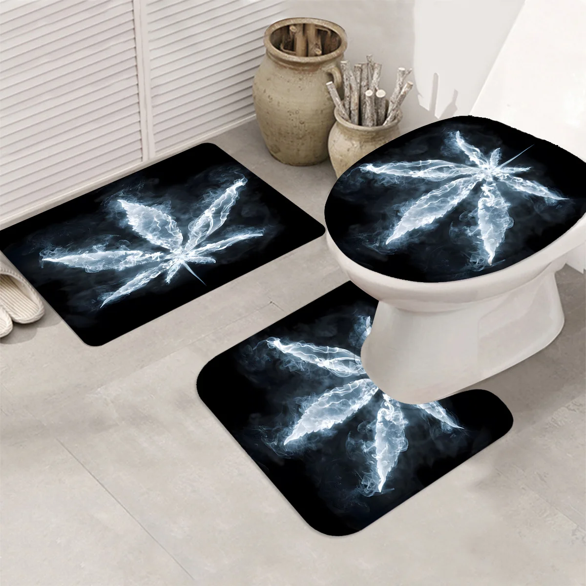 

3pcs modern art home decor ocean turtle gift printed set, including anti-slip mat, toilet seat cover, and U-shaped rug. Made