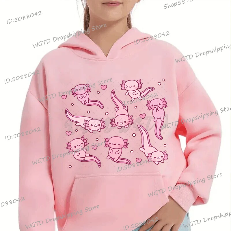 Cute Axolotl Playing Games Hoodie Boys Girls Sweatshirts Anime Axolotl Streetwear Long Sleeve Pink Y2K Sudaderas Kids Hoodies