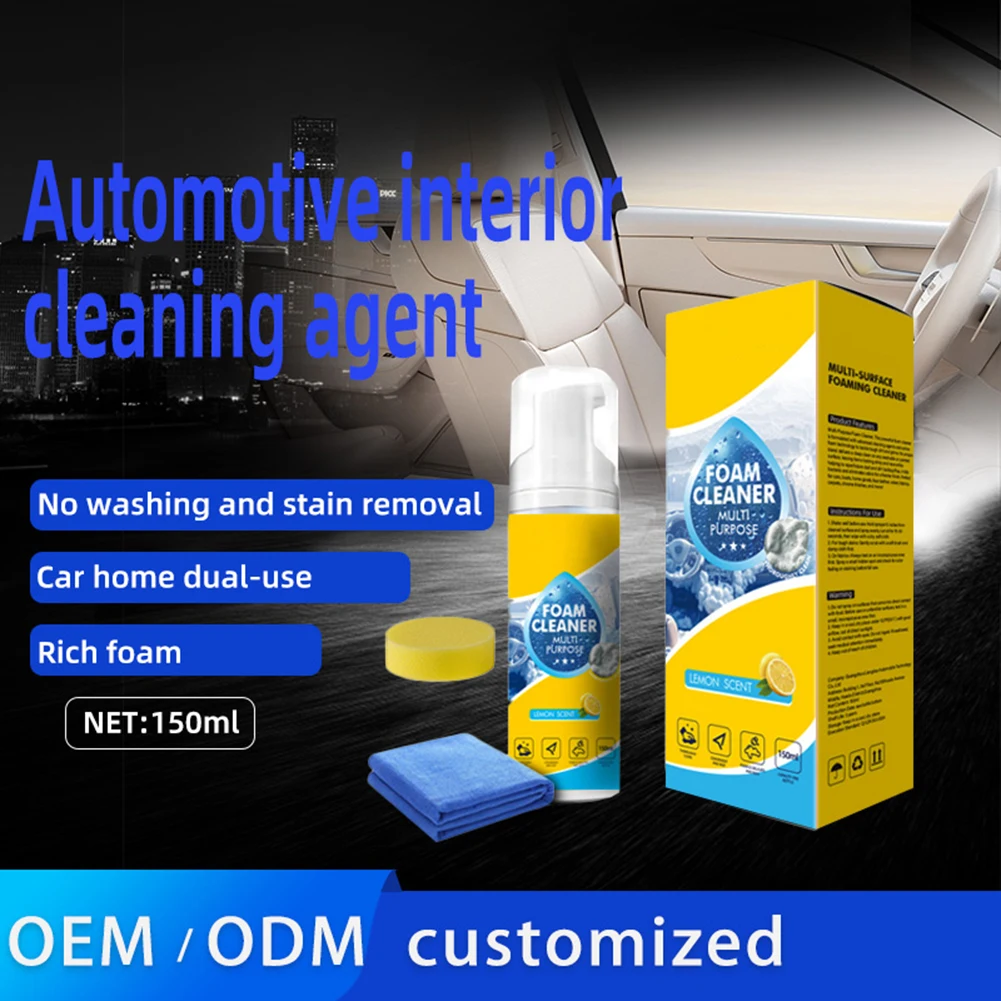 New 150ML Portable Multipurpose Car Interior Foam Cleaner Powerful Rinse-Free Foam Cleaner Spray For Car Interior Foam Cleaner With Sponge Leather Seats White Shoes Stain Remover