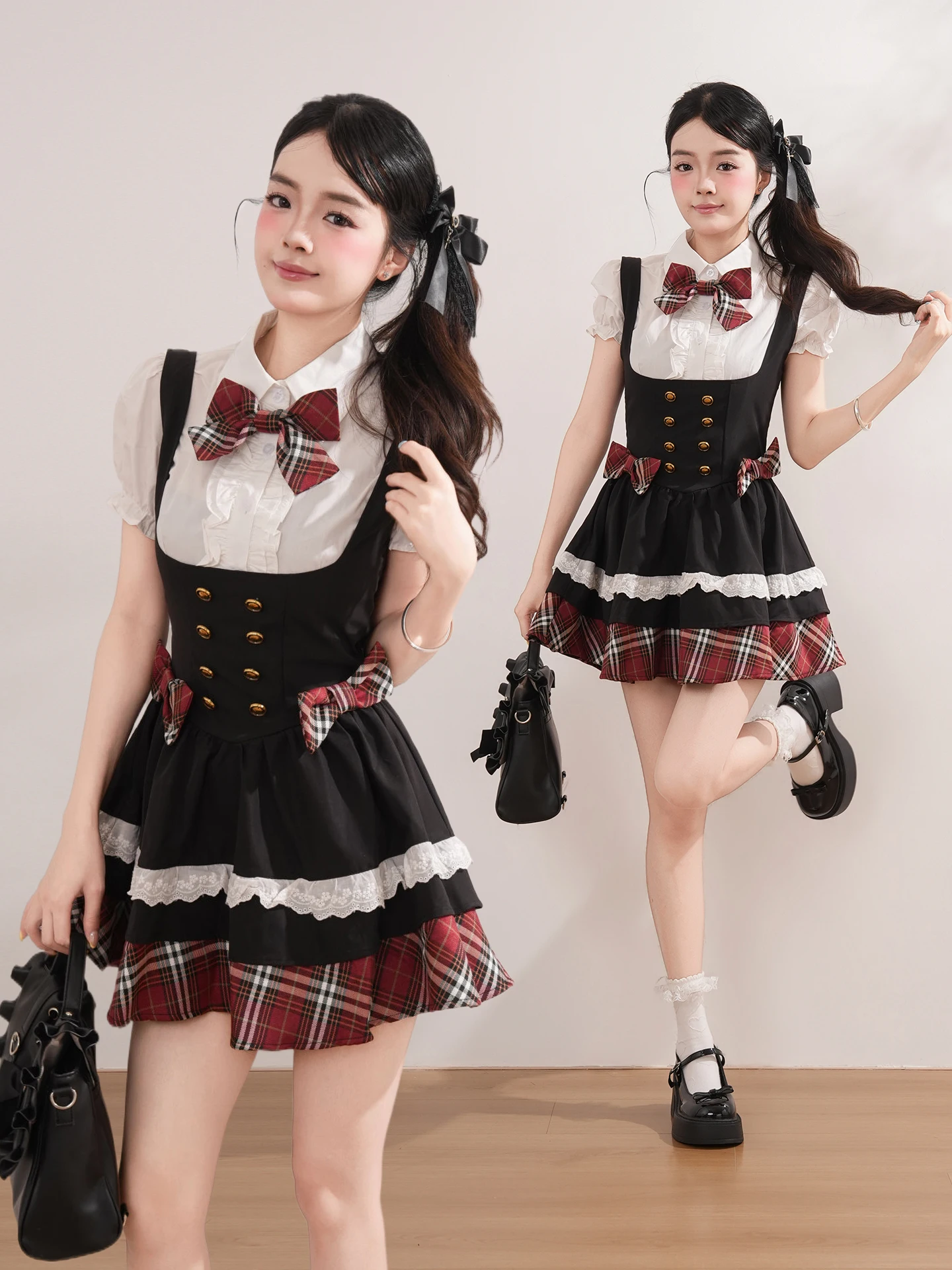  Forest Japanese College Style Plaid Bubble Sleeve Blouse And Skirt Set Women Summer Light Lolita Two Piece Set