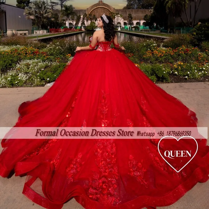 Simpatici abiti Quinceanera rossi Applique in pizzo Corsetto Abito da ballo Dolce 16 Abito da festa Sweetheart Vestido De XV Anos Personalizzato