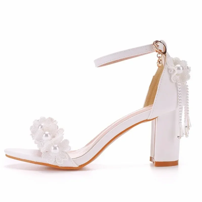 Women Pumps Sandals Wedding String Bead Buckle Strap PU 7CM Square Heel Classics Dress Women Dress Sandals Shoes White