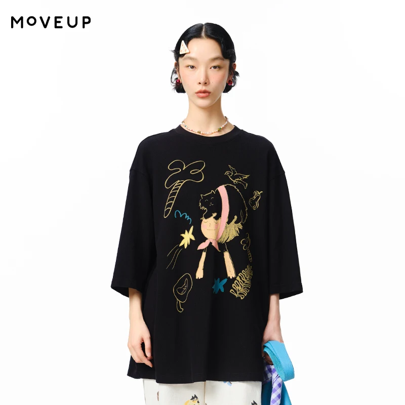 MOVEUP Three Quarter Sleeve Round Neck T-Shirt Autumn Drop Sleeves Pure Cotton Fun Cartoon Printed Loose Top For Women 3EWQ10524