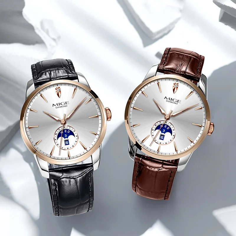 MIGE Original Men's Mechanical Wristwatch Moon Phase Luminous Waterproof Stainless Steel Gift Watch for Men reloj para hombre