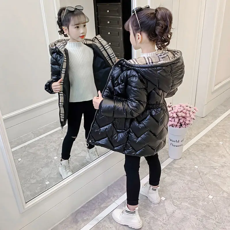 Girls Down Padded Winter Coat 2024 New Children Bright Leather Waist Padded Coat European Fashion Style Coat Clothes Top