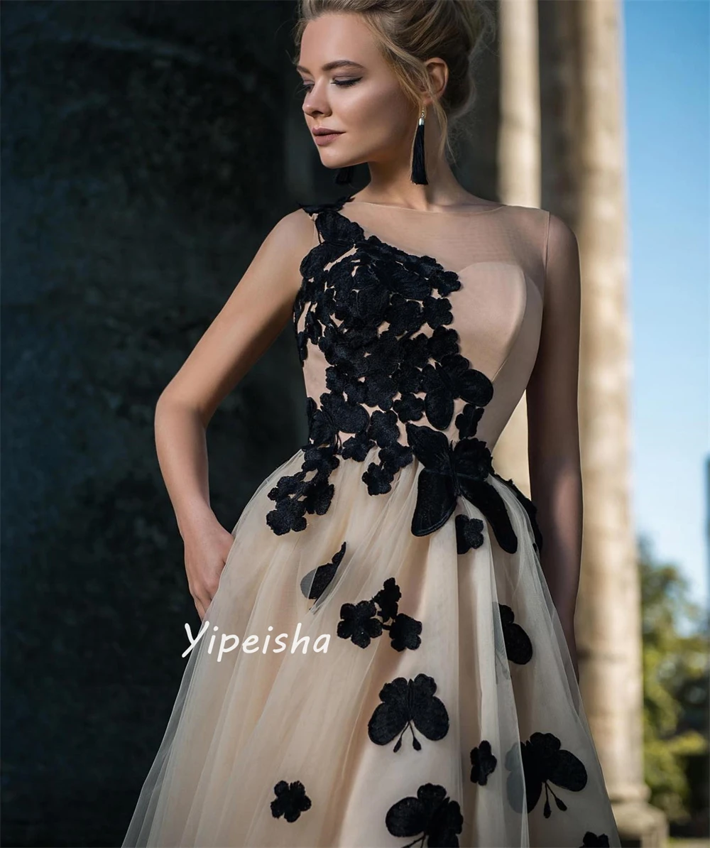 Jiayigong  Prom Exquisite Classic Formal Evening O-Neck  Gown Appliques Draped Floor-Length Tulle Dresses