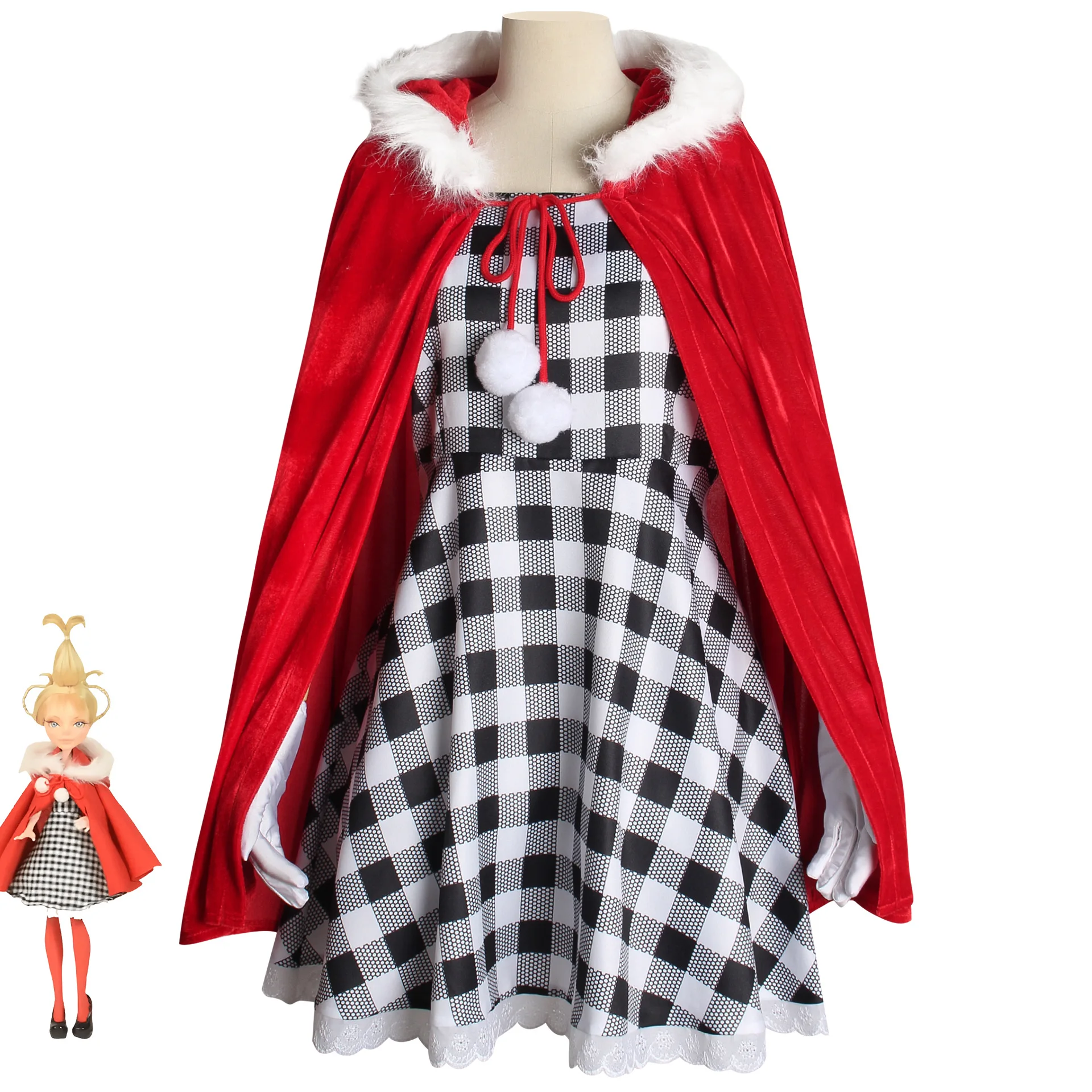 Cindy Lou Who Coaplay Costume pour femme, Capuche rouge, Everak, Robe à carreaux, Perruque tressée verte, Monster Cosplay Costume, Tenue de Noël pour filles