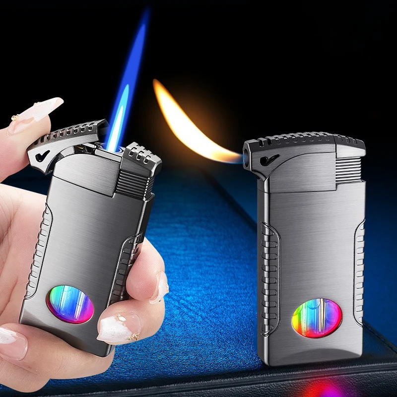2026 New Open Flame Direct Charging Dual Flame Switching Inflatable Lighter with Visible Air Window LED Light Men's Gift Lighter