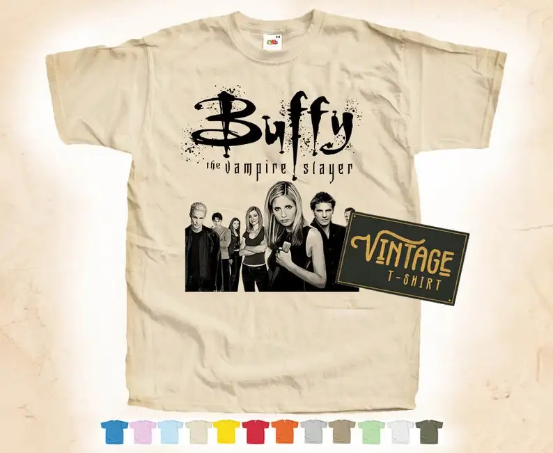 Black Print: BUFFY The Vampire Slayer V1 T shirt Tee Natural VINTAGE Cotton Movie Poster Beige 12 colors All Sizes