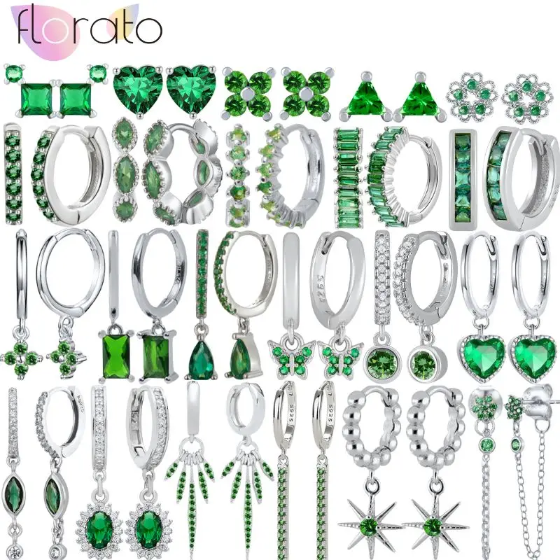 

Delicacy 925 Sterling Silver Needle Green Zircon Hoop Earrings For Women Luxury Heart/Water Drop/Chili Earrings Wedding Jewelry