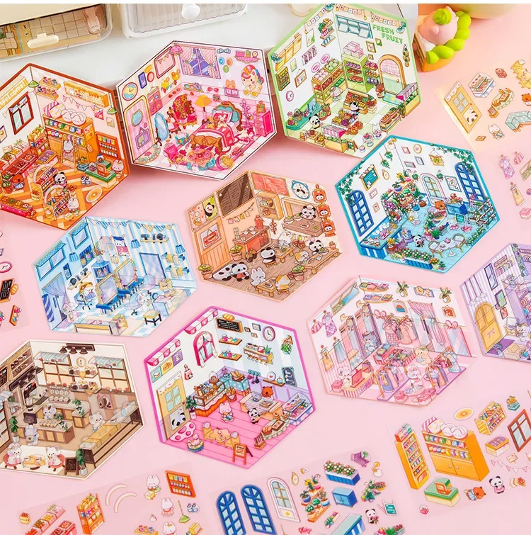 Cartoon DIY Fairytale Town Miniature Scene 3D Landscape Stickers Visual Stacking Stickers Gift for Kid Child Baby Student