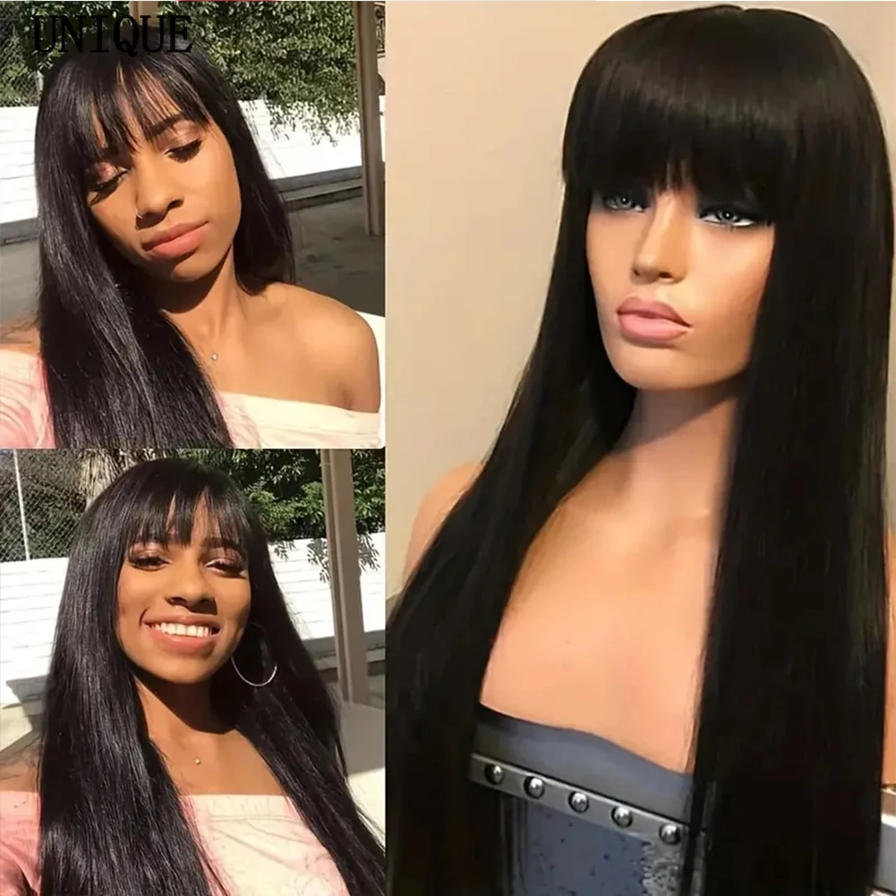 

Synthetic Lace Frontal Wigs with Bangs Long Straight Wig For Women PrePlucked Hairline Black Lace Wig Natural Looking Front Wigs