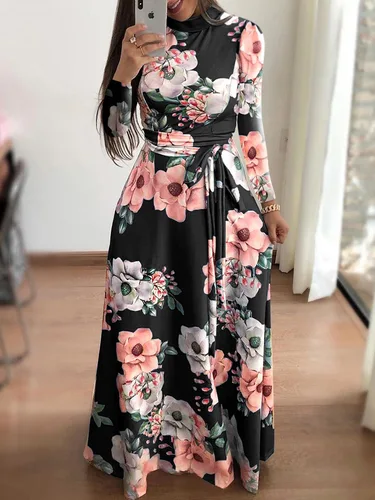 Imagen 1 del producto Vestidos ajustados para mujer, vestido informal de manga larga con cuello redondo y estampado de flores, falda larga hasta el suelo, ropa para mujer