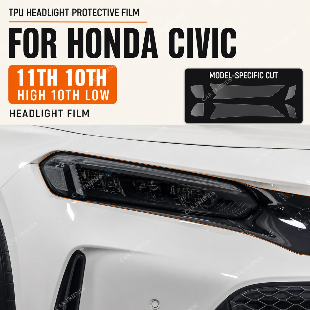 1 Set Custom Fit Pre-Cut Smoked Black TPU Headlight Protective Film for Honda Civic 10th 11th 2016-2026 Car Lamp Cover Sticker