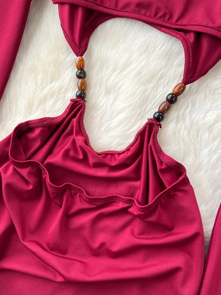 フォームリナ セクシー ビーズ カットアウト スリム マキシドレス レディース ファッション 秋冬 無地 Oネック 長袖 ボディコン イブニング パーティー ガウン