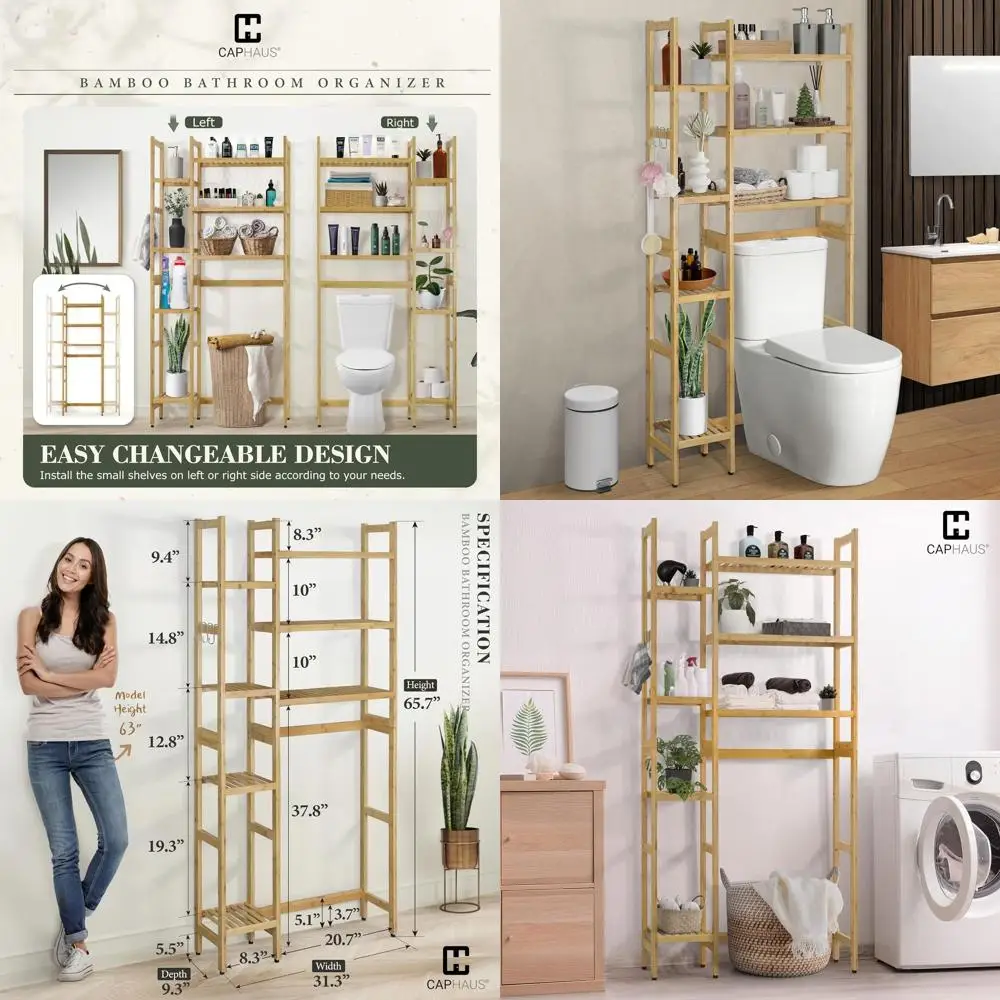 

7-Tier Bamboo Over-the-Toilet Storage Organizer with Adjustable Feet and Hooks, Freestanding Bathroom Shelf or Laundry Balcony P
