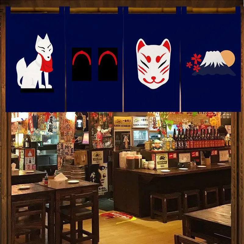 VIKAMA Kitsune Mask Fuji Mountain Noren Curtain Japanese Style Short Door Curtain Sushi Shop Partition Banner Home Decor