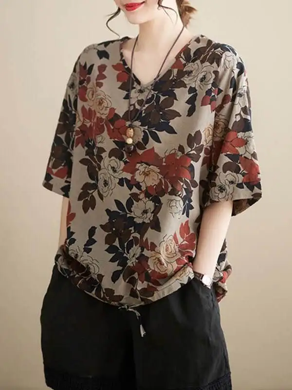 

Casual Loose ort Sve T-irt Women's plus Size Ethnic Sle Summer New Mommy Clothes Middle-Aged Slimming Top for Women