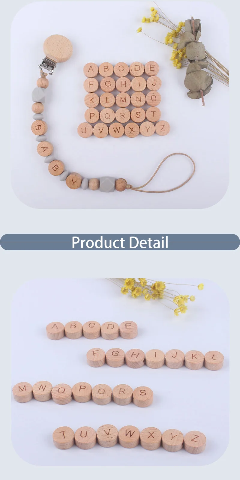 50 stücke Flache Runde Holz Alphabet Perlen Natürliche Holz Buchstaben Perlen Für DIY Baby Zahnen Halskette Armband Schnuller Clip Kette – Detail 4