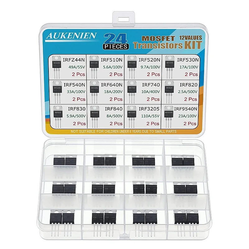 AUKENIEN Transistor Set 12 Values 24 Pieces IRFZ44N IRF510N-IRF540N IRF640N IRF740 IRF820 IRF830 IRF840 IRF3205 IRF9540N TO-222