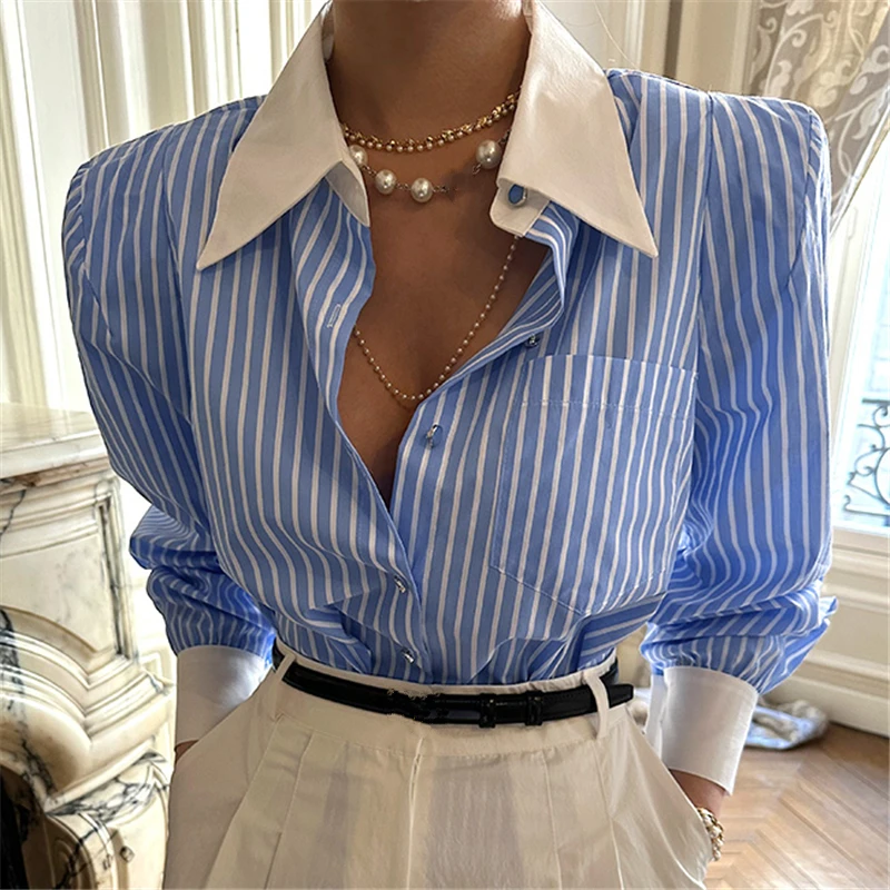 REALEFT Spring Summer Elegant Striped Women\'s Blouse One Pocket Turn-down Collar Single Breated Korean Shirts Female 2024 New