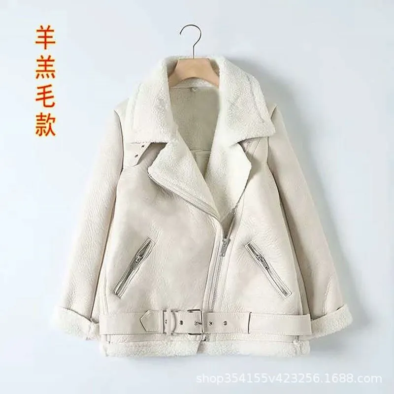 

2026 women's white lamb wool, fashion deerskin fleece imitation fur integrated warm fashion leather jacket