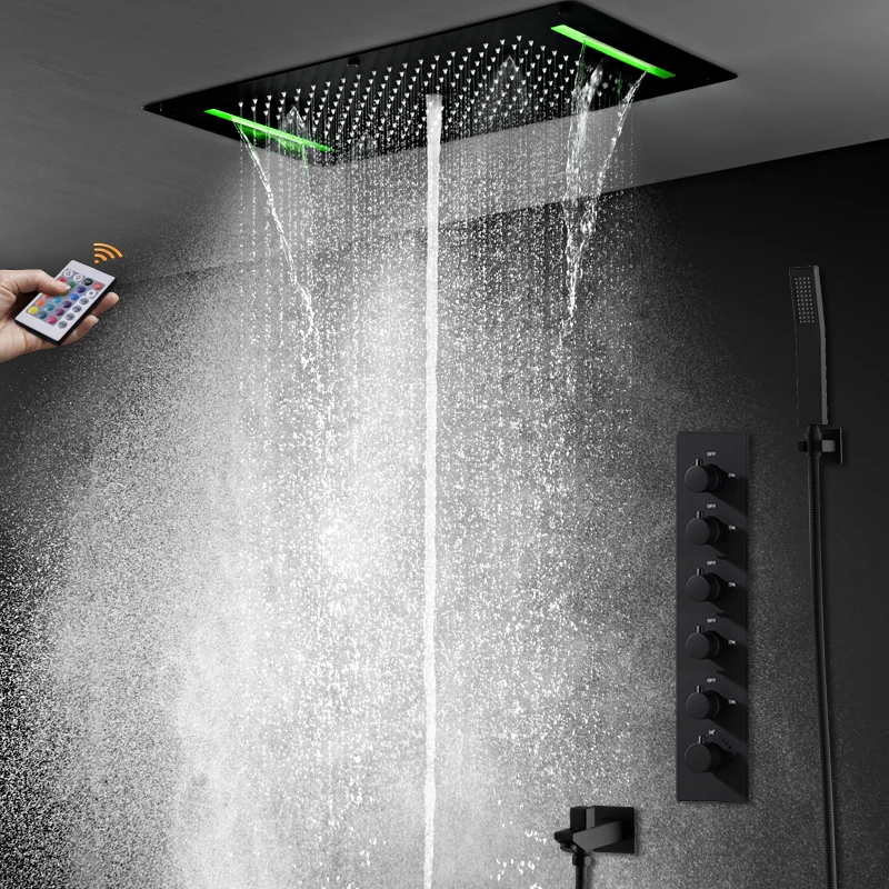 

Thermostatic Shower Faucets Set LED Black Shower System 5 Functions Column Mist Waterfall Massage Rain Hand-held