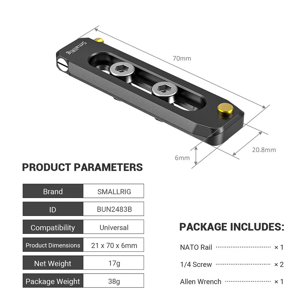 SmallRig Universele Low-Profile Quick Release NATO Rail Veiligheidsrail 50/70/90mm met 1/4 Schroeven voor NAVO Handvat Camera Kooi EVF Mount