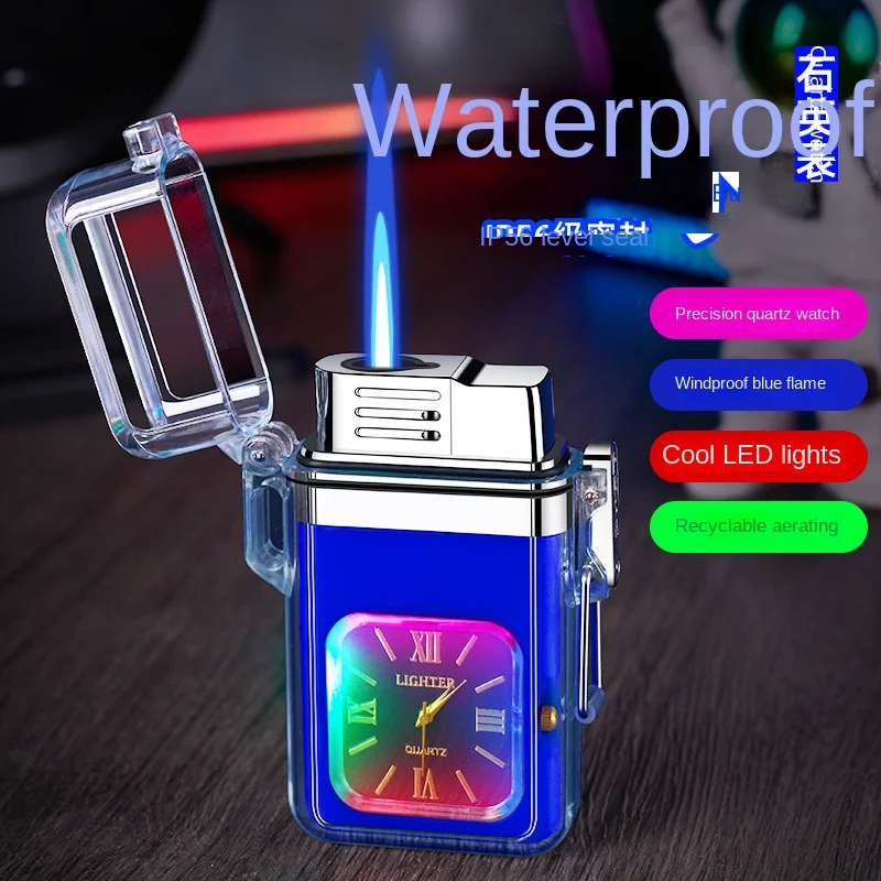 Outdoor Waterproof Portable Cool LED Colorful Light Transparent Body Direct-flush Windproof Dual-flame Lighter Clock Design