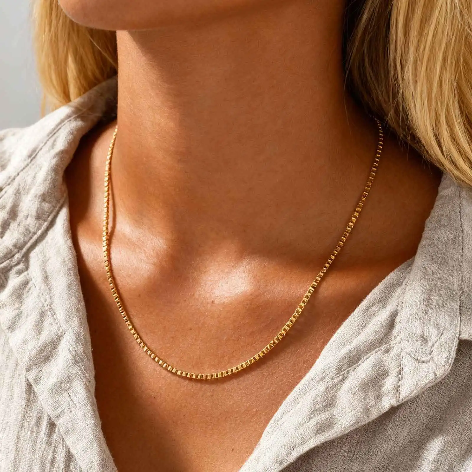

Box Chain Necklace for Women Men, 1mm/2mm/3mm Italian Chains, Dainty Stack Necklace Waterproof Jewelry Available in 14-26 Inch