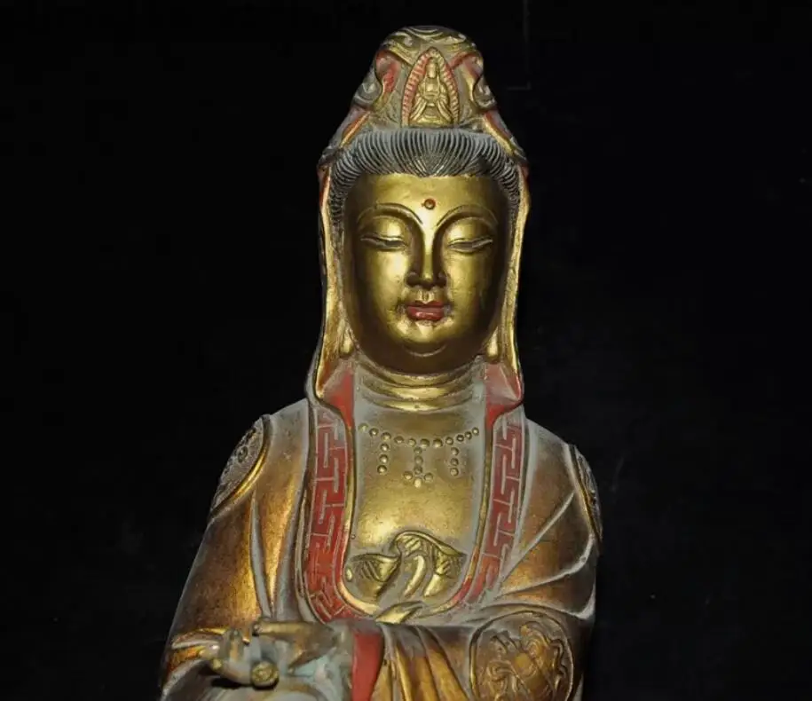 China bronze Gilt Painted 8 auspicious symbol Kwan-yin Bodhisattva Buddha Statue