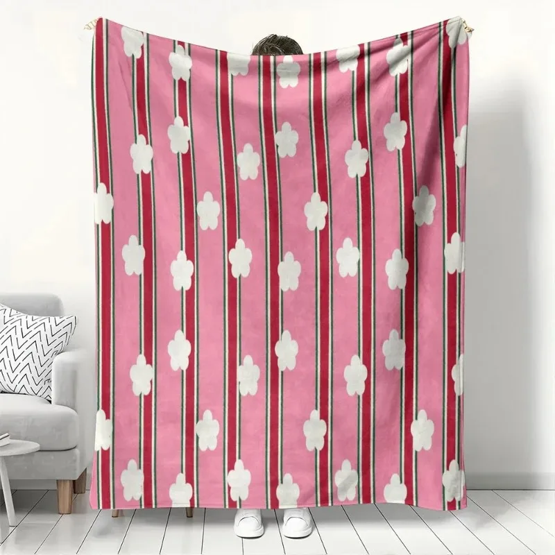 

Pastel Pink Striped & Flower Pattern Blanket Soft Cozy Warm Flannel Throw Blanket for Sofa Bed Home Decor Sweet Gift for Girls