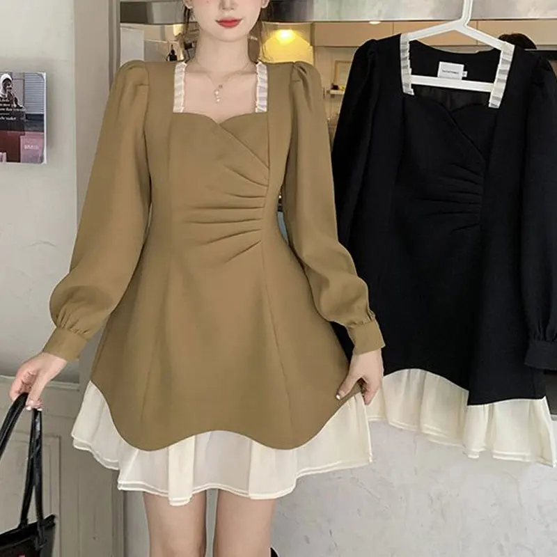 

Elegant Square Collar Midi Dress Spring Autumn Stylish Folds Female Clothing A-Line Waist Patchwork Korean Long Sleeve Dresses